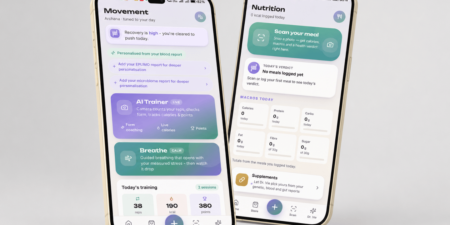 TRIGR app screens showing personalised movement guidance, AI trainer, meal scanning and nutrition tracking